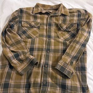 Duluth Trading Co Olive and Dark Green Plaid Button-Down Shirt